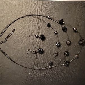 3 strand black wire and bead necklace and earrings